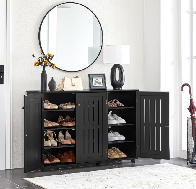 Free Standing Shoe Rack Adjustable Storage Organizer 4 Tier Shoe Rack Shelves Entryway Hallway Furniture for Bathroom Living Room Black