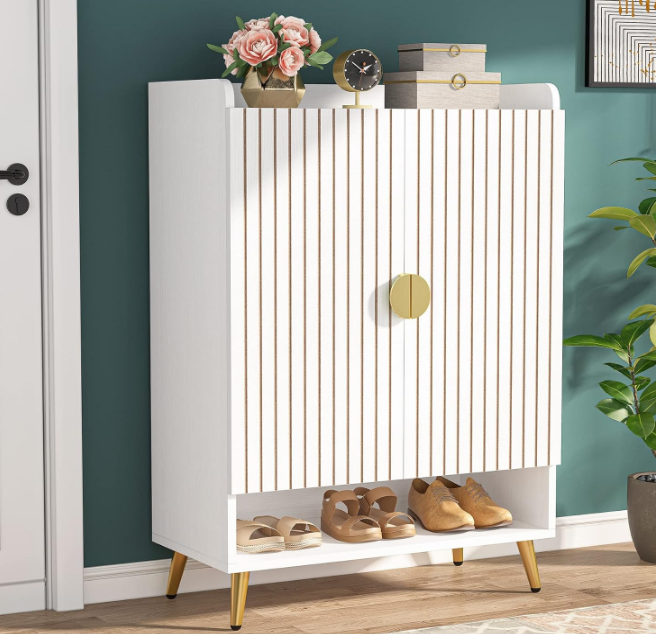 Shoe Cabinet with Doors, 6-Tier Shoe Storage Cabinet with Adjustable Shelves, Wooden Shoes Rack Shoe Storage Organizer for Entryway, Hallway, Closet, Living Room, White & Gold