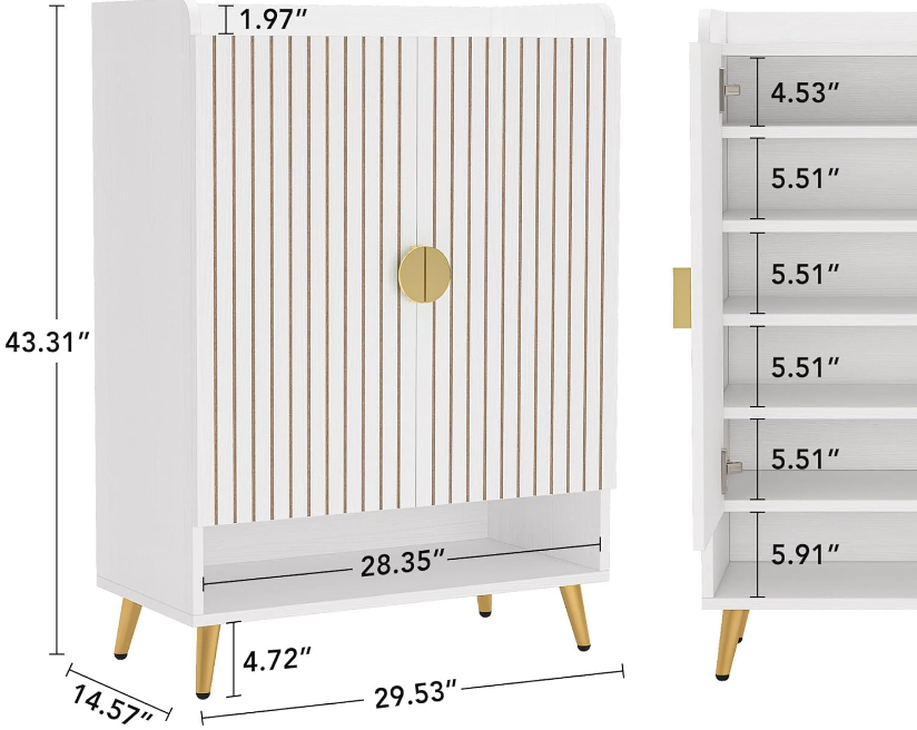 Shoe Cabinet with Doors, 6-Tier Shoe Storage Cabinet with Adjustable Shelves, Wooden Shoes Rack Shoe Storage Organizer for Entryway, Hallway, Closet, Living Room, White & Gold