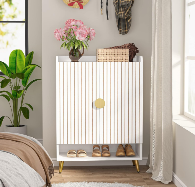 Shoe Cabinet with Doors, 6-Tier Shoe Storage Cabinet with Adjustable Shelves, Wooden Shoes Rack Shoe Storage Organizer for Entryway, Hallway, Closet, Living Room, White & Gold