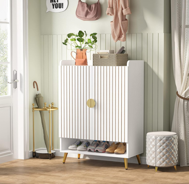 Shoe Cabinet with Doors, 6-Tier Shoe Storage Cabinet with Adjustable Shelves, Wooden Shoes Rack Shoe Storage Organizer for Entryway, Hallway, Closet, Living Room, White & Gold