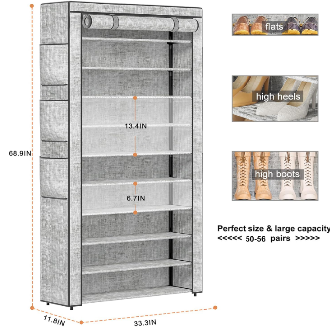 Shoe Rack 10Tier Large Capacity 50-56Pairs Beautiful Tall Shoe Shelf Free Standing Storage Cabinet Entryway Closet