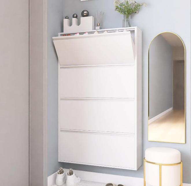 Metal Shoe Cabinet with 4 Flip Drawers, Wall Mount Metal Shoe Organizer for Entryway, 4 Layers Steel Shoe Rack Cabinet(White, 4 FILP Drawers)