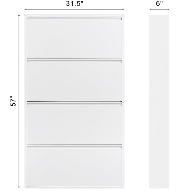 Metal Shoe Cabinet with 4 Flip Drawers, Wall Mount Metal Shoe Organizer for Entryway, 4 Layers Steel Shoe Rack Cabinet(White, 4 FILP Drawers)