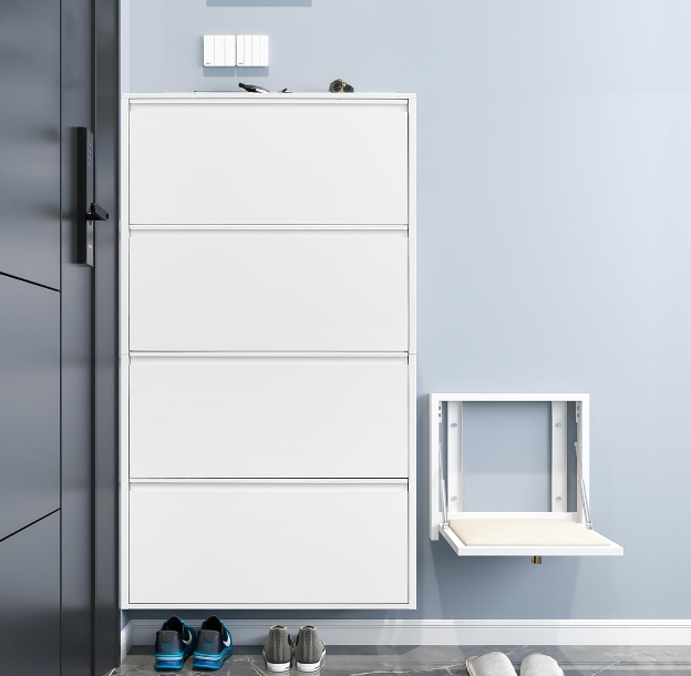 Metal Shoe Cabinet with 4 Flip Drawers, Wall Mount Metal Shoe Organizer for Entryway, 4 Layers Steel Shoe Rack Cabinet(White, 4 FILP Drawers)