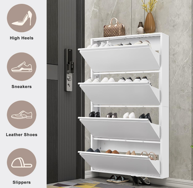 Metal Shoe Cabinet with 4 Flip Drawers, Wall Mount Metal Shoe Organizer for Entryway, 4 Layers Steel Shoe Rack Cabinet(White, 4 FILP Drawers)