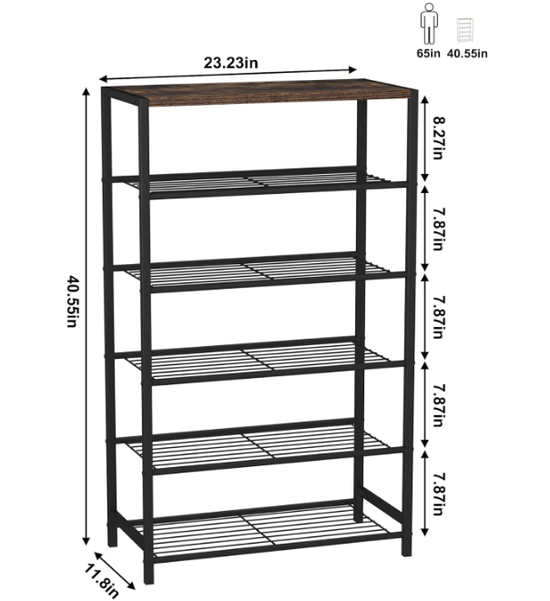 Shoe Rack 6-Tier, Shoe Storage Shelf, Industrial Shoe Tower, Narrow Shoe Organizer for Closet Entryway, Small Shoe Rack Table with Durable Metal Shelves, Rustic Brown
