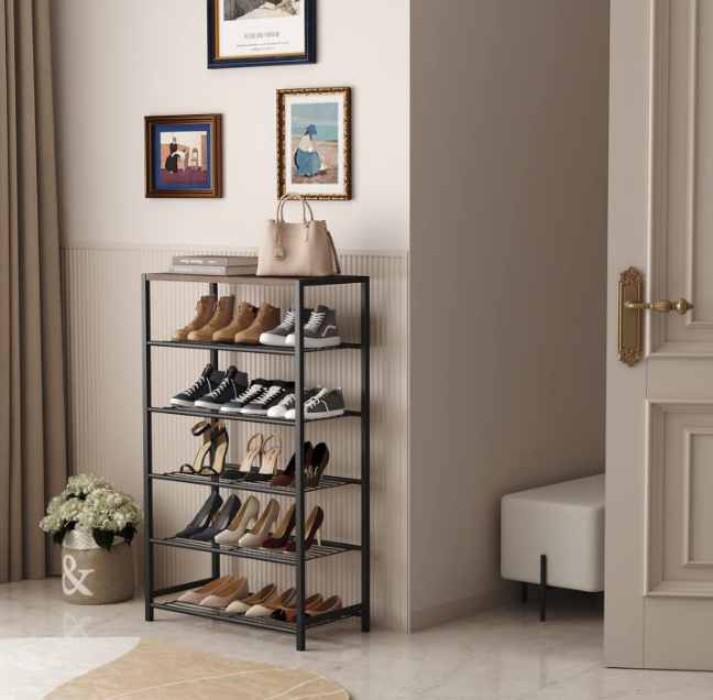 Shoe Rack 6-Tier, Shoe Storage Shelf, Industrial Shoe Tower, Narrow Shoe Organizer for Closet Entryway, Small Shoe Rack Table with Durable Metal Shelves, Rustic Brown