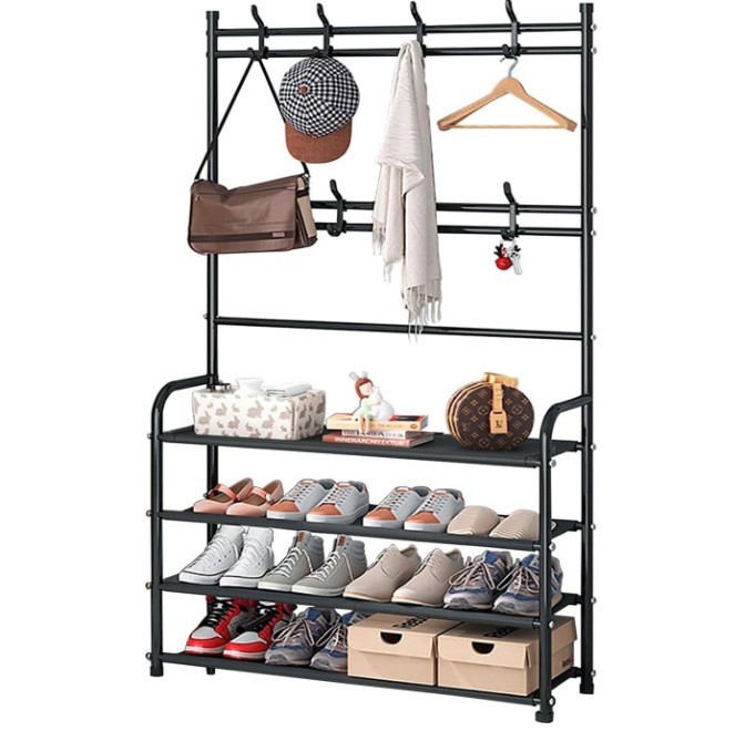 Shoe Rack Coat Rack Freestanding Shoe Shelf Storage Organizer with Hooks for Entryway Bedroom Closet, 4 Tier Black