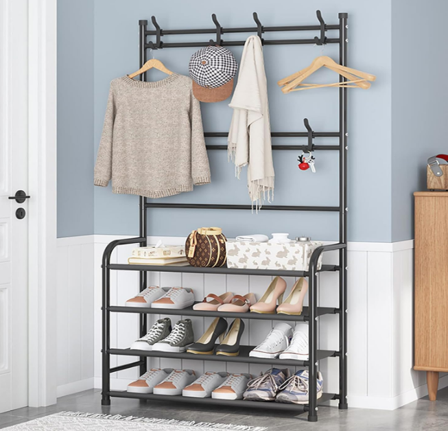 Shoe Rack Coat Rack Freestanding Shoe Shelf Storage Organizer with Hooks for Entryway Bedroom Closet, 4 Tier Black
