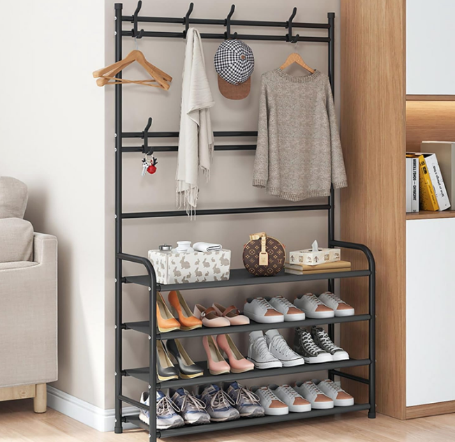 Shoe Rack Coat Rack Freestanding Shoe Shelf Storage Organizer with Hooks for Entryway Bedroom Closet, 4 Tier Black