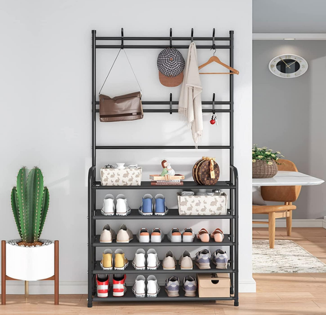 Shoe Rack Coat Rack Freestanding Shoe Shelf Storage Organizer with Hooks for Entryway Bedroom Closet, 4 Tier Black