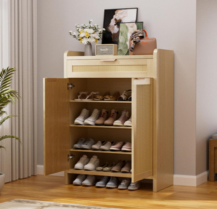Shoe Storage Cabinet with Drawer, Shoe Organizer Cabinet, 45.8" Tall Rattan Shoe Cabinet with Doors Adjustable Shelves, Farmhouse Boho Wooden Storage Cabinet for Entryway Hallway Living Room