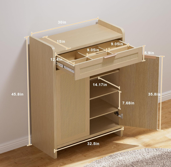 Shoe Storage Cabinet with Drawer, Shoe Organizer Cabinet, 45.8" Tall Rattan Shoe Cabinet with Doors Adjustable Shelves, Farmhouse Boho Wooden Storage Cabinet for Entryway Hallway Living Room