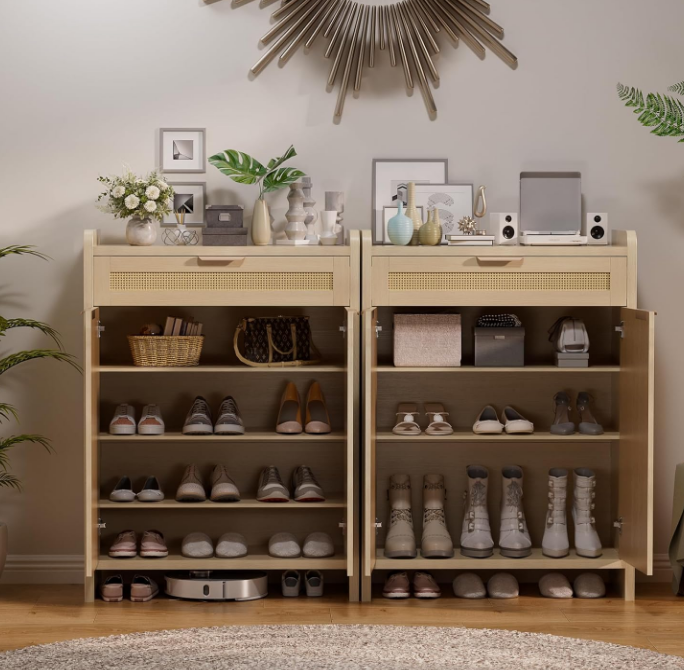 Shoe Storage Cabinet with Drawer, Shoe Organizer Cabinet, 45.8" Tall Rattan Shoe Cabinet with Doors Adjustable Shelves, Farmhouse Boho Wooden Storage Cabinet for Entryway Hallway Living Room