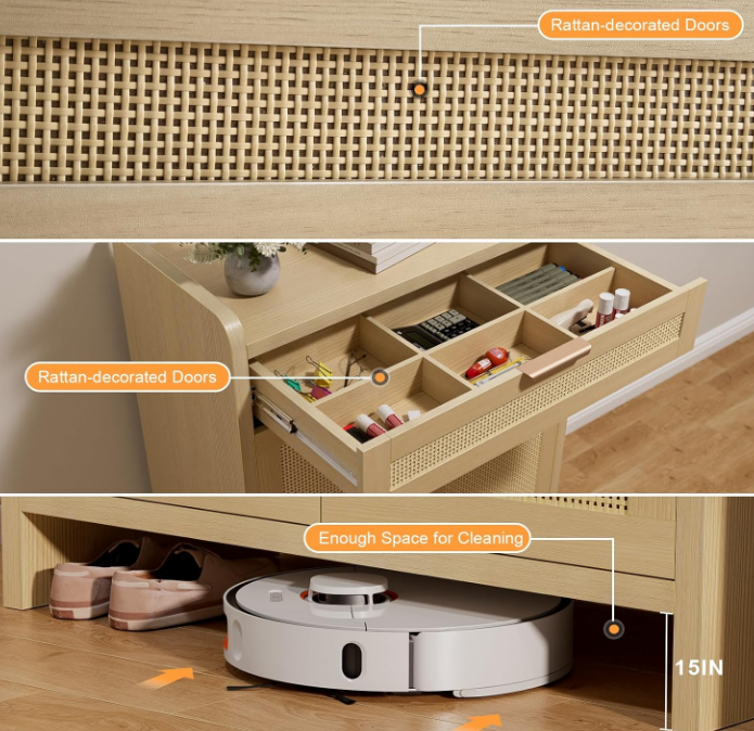 Shoe Storage Cabinet with Drawer, Shoe Organizer Cabinet, 45.8" Tall Rattan Shoe Cabinet with Doors Adjustable Shelves, Farmhouse Boho Wooden Storage Cabinet for Entryway Hallway Living Room