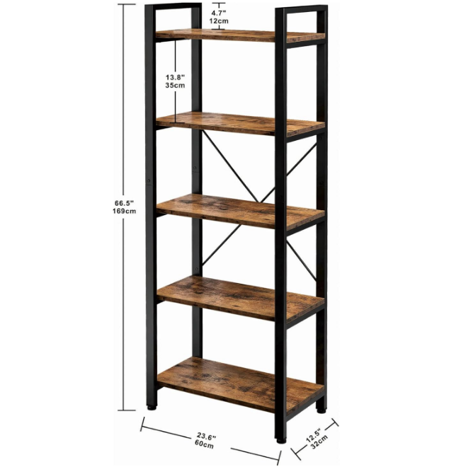 Bookshelf 5-Tier Ladder Shelf 110 lbs or Shelf Vintage Industrial Style Bookcase for Home Decor, Office Decor