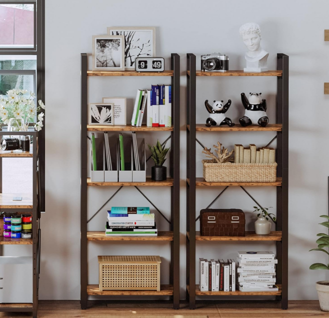 Bookshelf 5-Tier Ladder Shelf 110 lbs or Shelf Vintage Industrial Style Bookcase for Home Decor, Office Decor