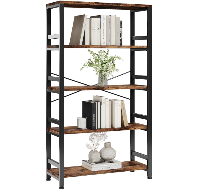 Bookshelves and Bookcases, 31.5in Wide Shelf 5-Tier Ladder Shelf 110lbs/shelf Vintage Industrial Style Bookcase for Bedroom Living Room Home, Vintage Brown
