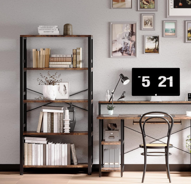 Bookshelves and Bookcases, 31.5in Wide Shelf 5-Tier Ladder Shelf 110lbs/shelf Vintage Industrial Style Bookcase for Bedroom Living Room Home, Vintage Brown