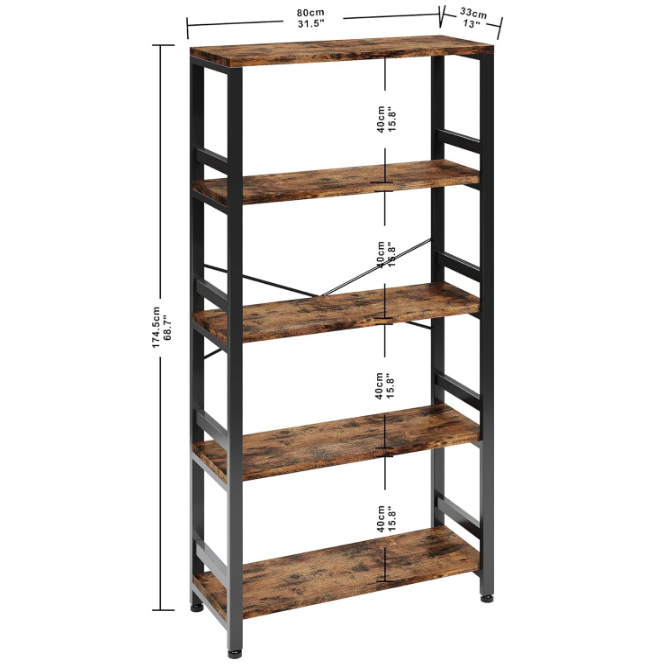 Bookshelves and Bookcases, 31.5in Wide Shelf 5-Tier Ladder Shelf 110lbs/shelf Vintage Industrial Style Bookcase for Bedroom Living Room Home, Vintage Brown