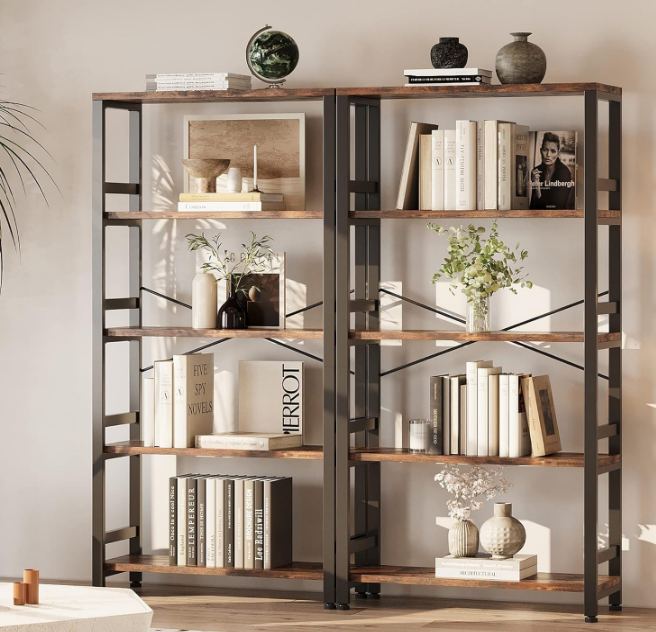 Bookshelves and Bookcases, 31.5in Wide Shelf 5-Tier Ladder Shelf 110lbs/shelf Vintage Industrial Style Bookcase for Bedroom Living Room Home, Vintage Brown