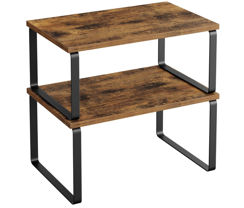 Cabinet Organizer Shelf, Set of 2 Kitchen Counter Shelves, Kitchen Storage, Spice Rack, Stackable, Expandable, Metal and Engineered Wood, Ink Black and Rustic Brown