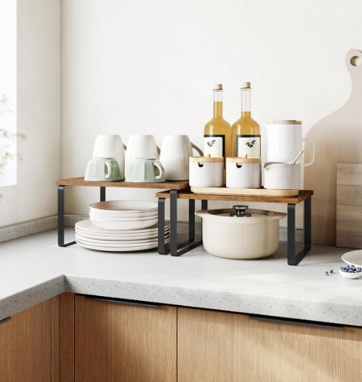 Cabinet Organizer Shelf, Set of 2 Kitchen Counter Shelves, Kitchen Storage, Spice Rack, Stackable, Expandable, Metal and Engineered Wood, Ink Black and Rustic Brown