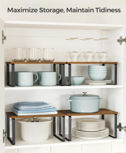 Cabinet Organizer Shelf, Set of 2 Kitchen Counter Shelves, Kitchen Storage, Spice Rack, Stackable, Expandable, Metal and Engineered Wood, Ink Black and Rustic Brown