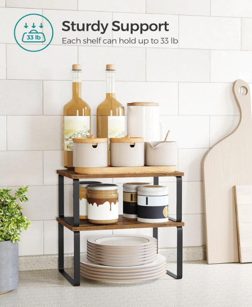 Cabinet Organizer Shelf, Set of 2 Kitchen Counter Shelves, Kitchen Storage, Spice Rack, Stackable, Expandable, Metal and Engineered Wood, Ink Black and Rustic Brown