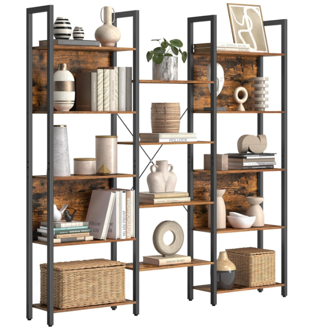 5-Tier Bookcase with 14 Shelves, Book Shelf with Metal Frame, Bookshelf for Living Room, Home Office, Industrial Style, 9.4 x 62.2 x 65.4 Inches, Rustic Brown and Black