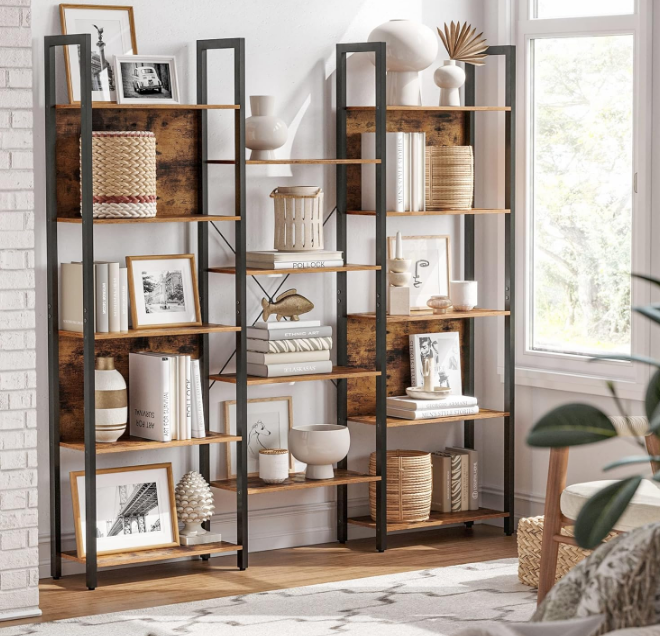5-Tier Bookcase with 14 Shelves, Book Shelf with Metal Frame, Bookshelf for Living Room, Home Office, Industrial Style, 9.4 x 62.2 x 65.4 Inches, Rustic Brown and Black