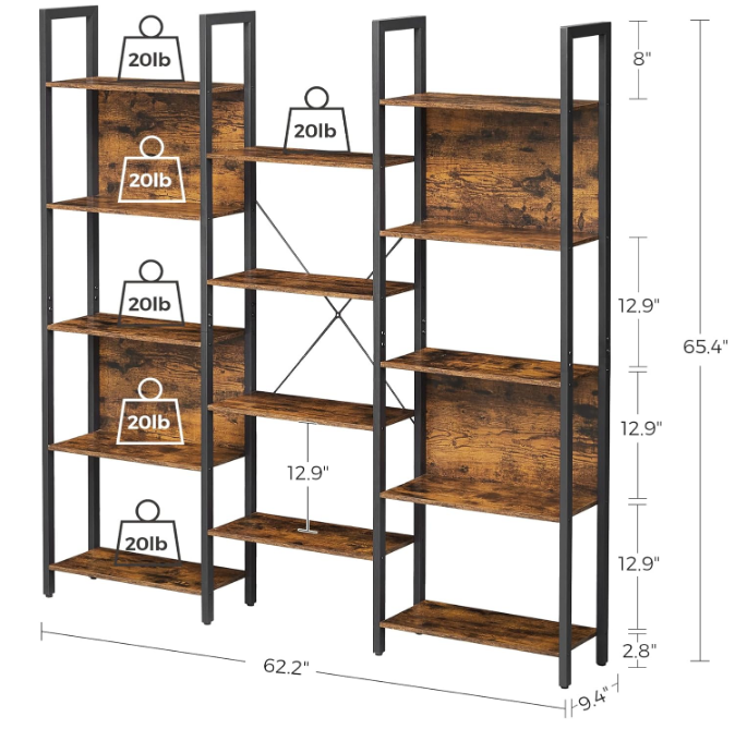 5-Tier Bookcase with 14 Shelves, Book Shelf with Metal Frame, Bookshelf for Living Room, Home Office, Industrial Style, 9.4 x 62.2 x 65.4 Inches, Rustic Brown and Black