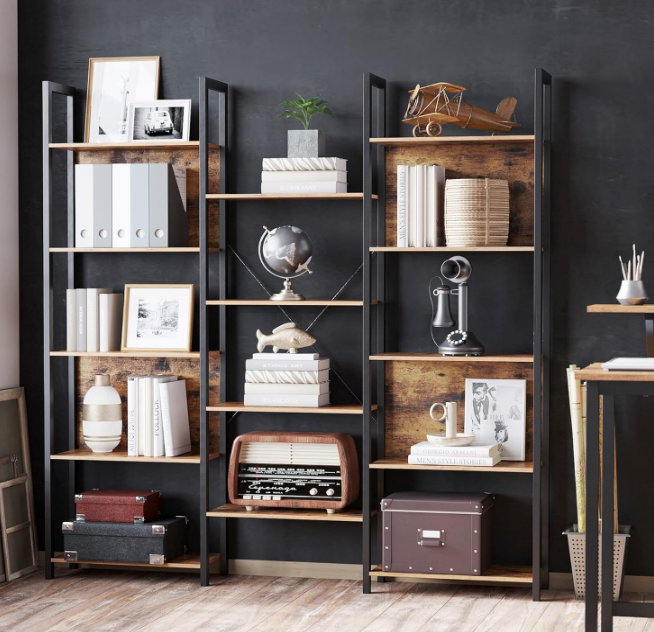 5-Tier Bookcase with 14 Shelves, Book Shelf with Metal Frame, Bookshelf for Living Room, Home Office, Industrial Style, 9.4 x 62.2 x 65.4 Inches, Rustic Brown and Black
