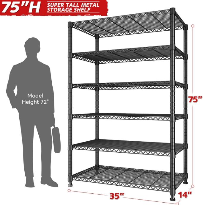 75" H Storage Shelves 6-Tier Large Wire Shelving Unit Adjustable Metal Shelving Units Detachable Storage Rack for Kitchen Laundry Living Room Heavy Duty Metal Shelf 75" X35" X14"