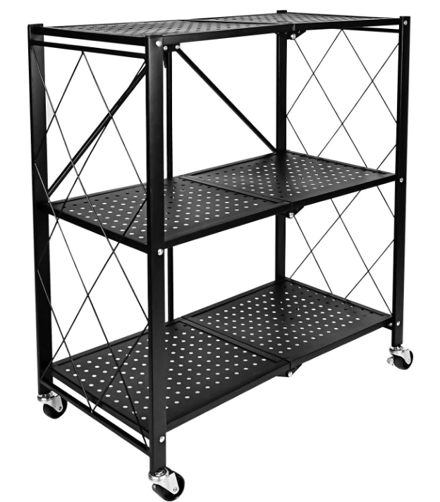 3-Tier Foldable Metal Shelves Heavy Duty Storage Shelving Unit with Wheels, Organizer Shelves for Garage Kitchen, Black