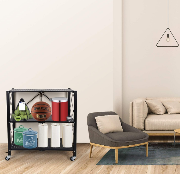 3-Tier Foldable Metal Shelves Heavy Duty Storage Shelving Unit with Wheels, Organizer Shelves for Garage Kitchen, Black