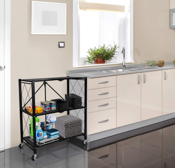 3-Tier Foldable Metal Shelves Heavy Duty Storage Shelving Unit with Wheels, Organizer Shelves for Garage Kitchen, Black