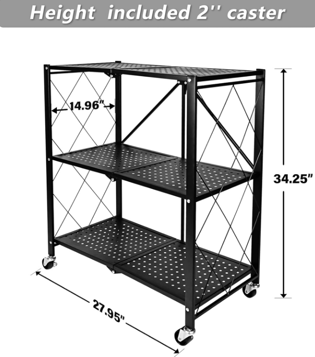 3-Tier Foldable Metal Shelves Heavy Duty Storage Shelving Unit with Wheels, Organizer Shelves for Garage Kitchen, Black