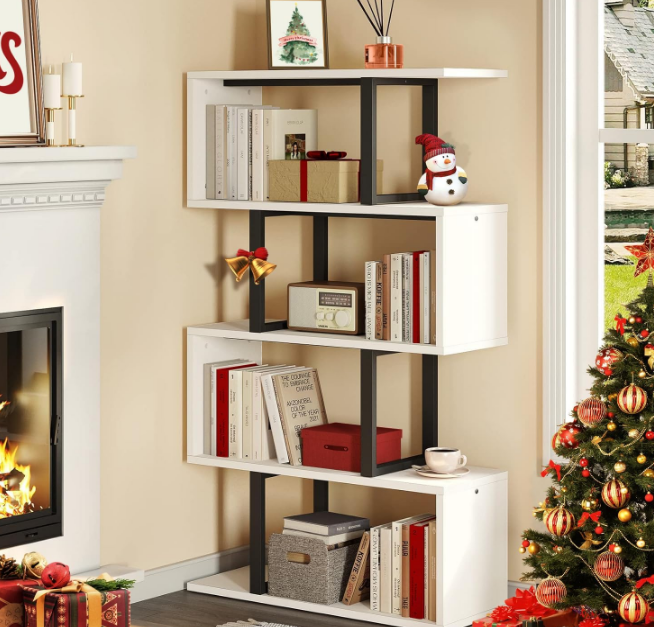 5-Tier Bookshelf, S-Shaped Z-Shelf Bookshelves and Bookcase, Modern Freestanding Multifunctional Decorative Storage Shelving for Living Room Home Office, Cream White
