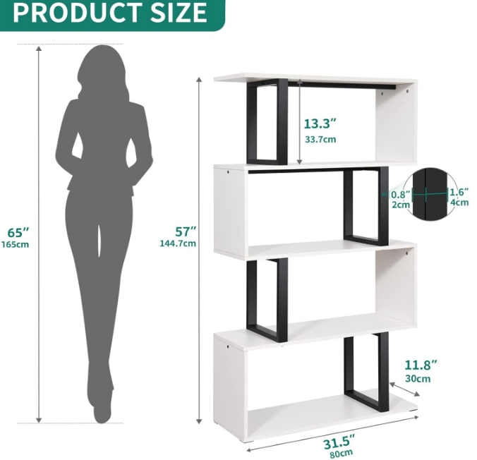 5-Tier Bookshelf, S-Shaped Z-Shelf Bookshelves and Bookcase, Modern Freestanding Multifunctional Decorative Storage Shelving for Living Room Home Office, Cream White