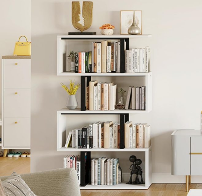 5-Tier Bookshelf, S-Shaped Z-Shelf Bookshelves and Bookcase, Modern Freestanding Multifunctional Decorative Storage Shelving for Living Room Home Office, Cream White