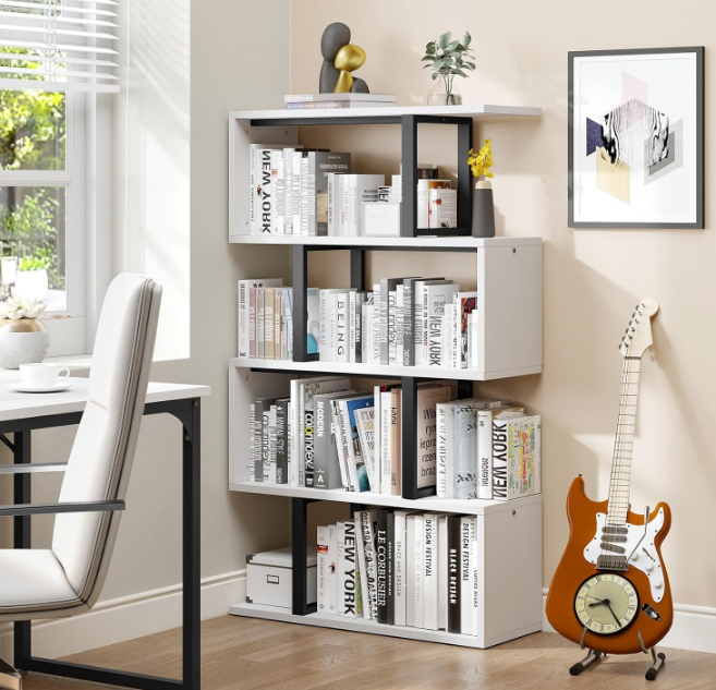 5-Tier Bookshelf, S-Shaped Z-Shelf Bookshelves and Bookcase, Modern Freestanding Multifunctional Decorative Storage Shelving for Living Room Home Office, Cream White