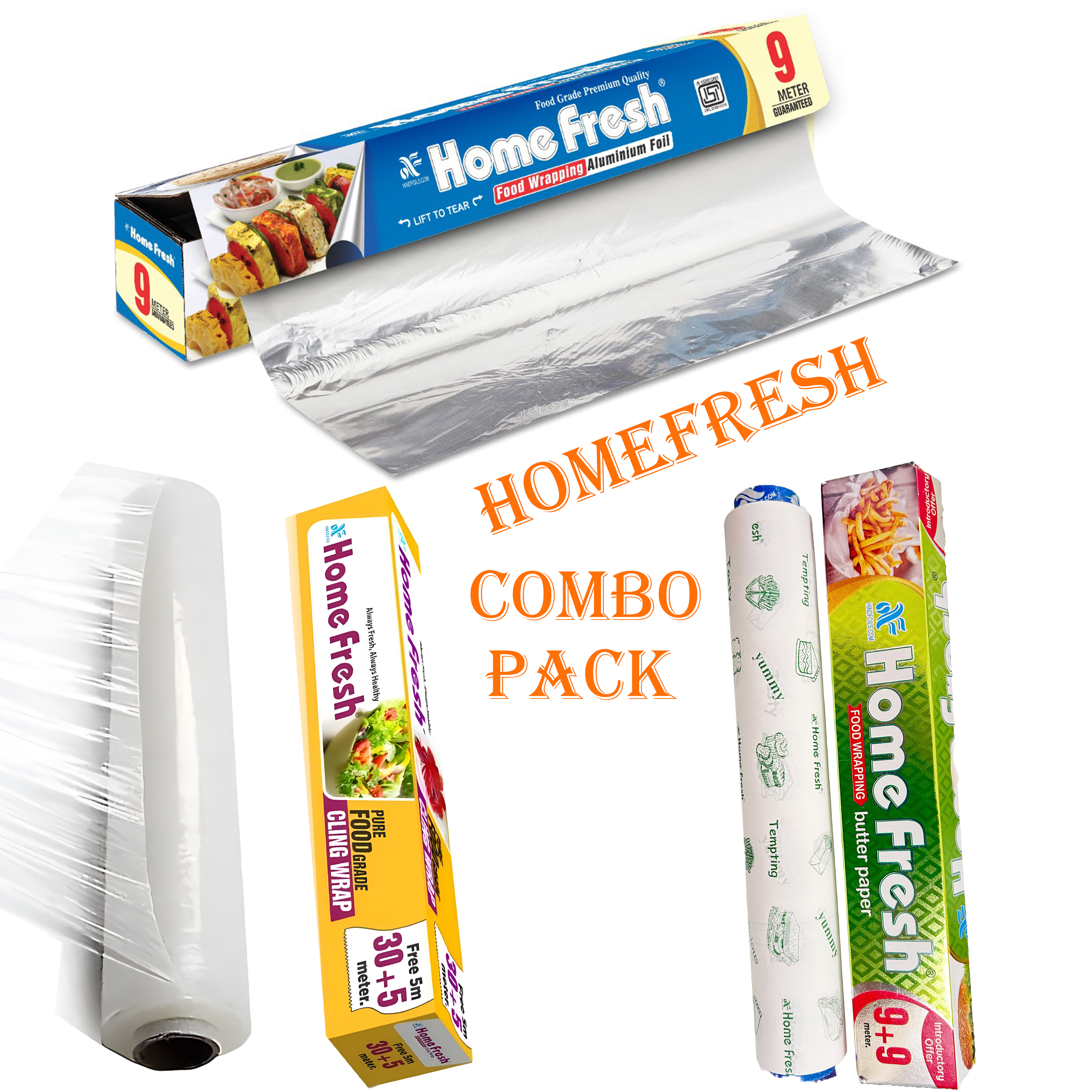 HomeFresh Combo Pack of Butter Paper 18 Meter, Cling Wrap 35 Meter & Aluminium Foil 09 Meters | Food Wrapping Paper | Parchment Paper | Roti Wrap | Perfect for Baking, Cooking, Packing and Serving Foods