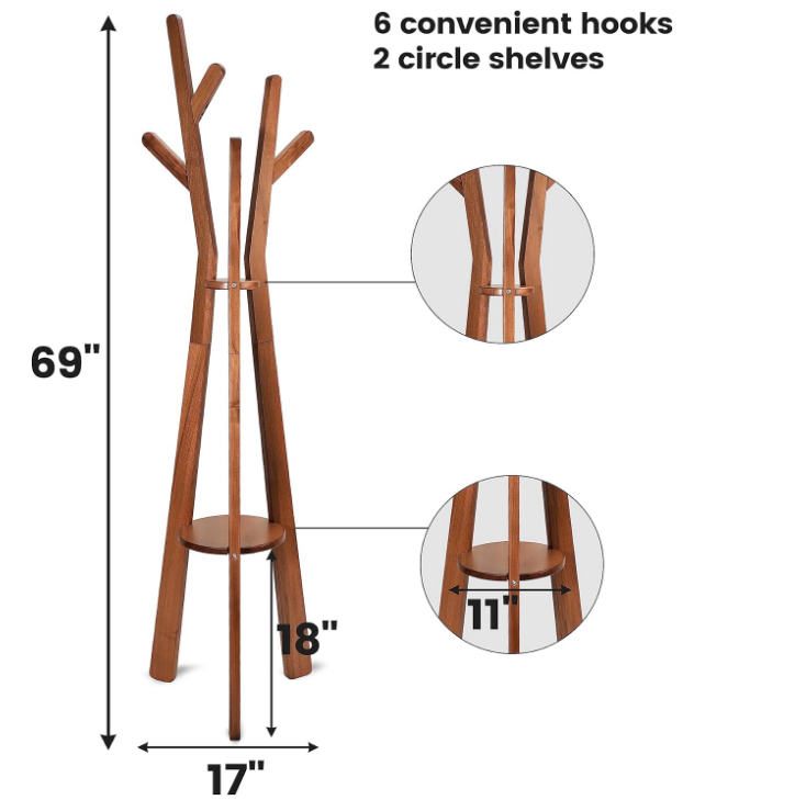 Coat Rack, Coat Rack Freestanding, USA Grown Poplar Coat Standing Tree for Living Room, Bedroom, Bathroom, Hallway