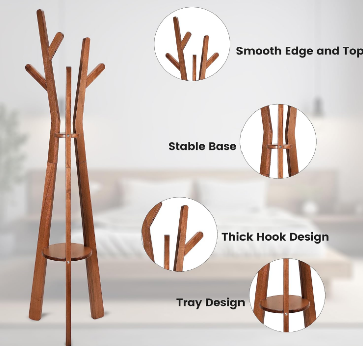 Coat Rack, Coat Rack Freestanding, USA Grown Poplar Coat Standing Tree for Living Room, Bedroom, Bathroom, Hallway
