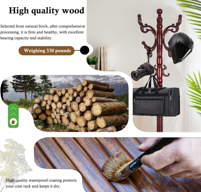 Coat Rack Stand, Solid Wooden Coat Tree with 14 Hooks, Heavy Duty Coat Rack Freestanding with Sturdy Round Base, Natural Birch Wood Coat Hanger Stand for Entryway Bedroom (Rosewood)