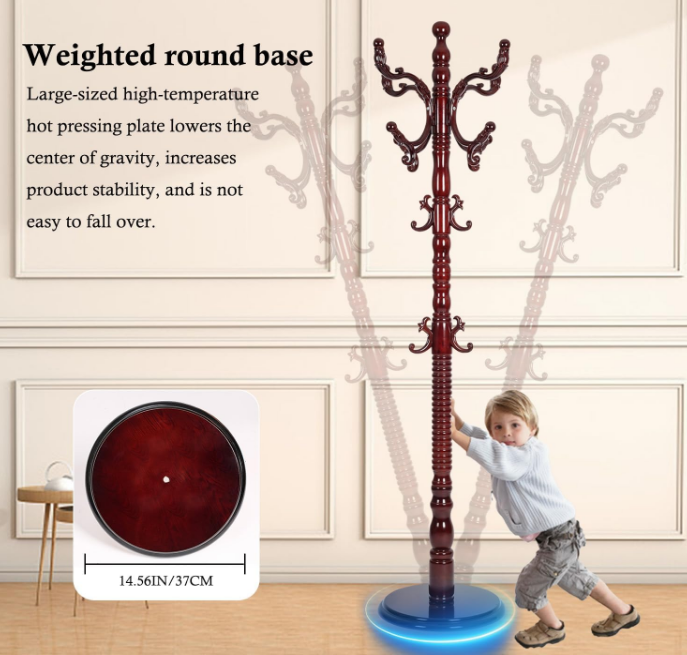 Coat Rack Stand, Solid Wooden Coat Tree with 14 Hooks, Heavy Duty Coat Rack Freestanding with Sturdy Round Base, Natural Birch Wood Coat Hanger Stand for Entryway Bedroom (Rosewood)