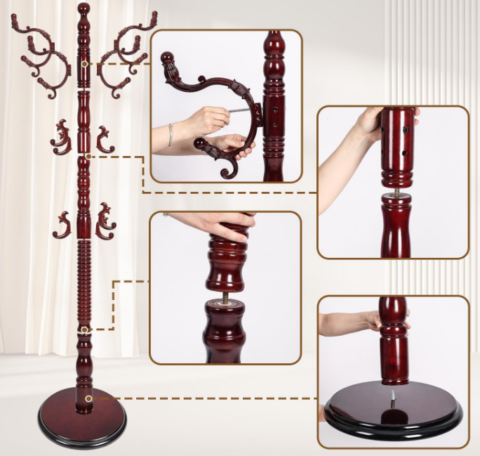 Coat Rack Stand, Solid Wooden Coat Tree with 14 Hooks, Heavy Duty Coat Rack Freestanding with Sturdy Round Base, Natural Birch Wood Coat Hanger Stand for Entryway Bedroom (Rosewood)