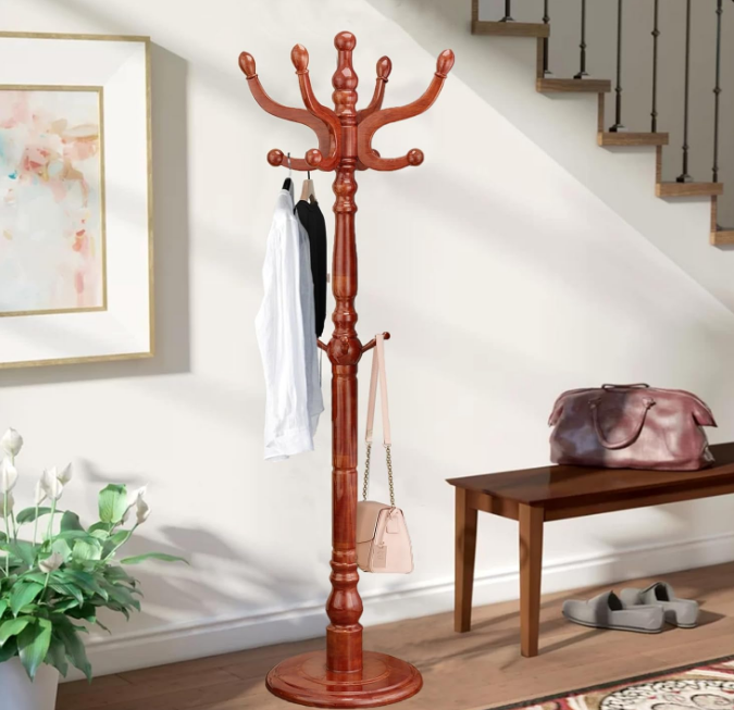 Wooden Coat Rack, Heavy Duty Coat Rack Freestanding with 11 Smooth Hooks, Coat Tree, Vintage Clothes Hanger Stand with Stable Disc Base for Bedroom, Entryway, Office-Load 180lbs (Light Brown)